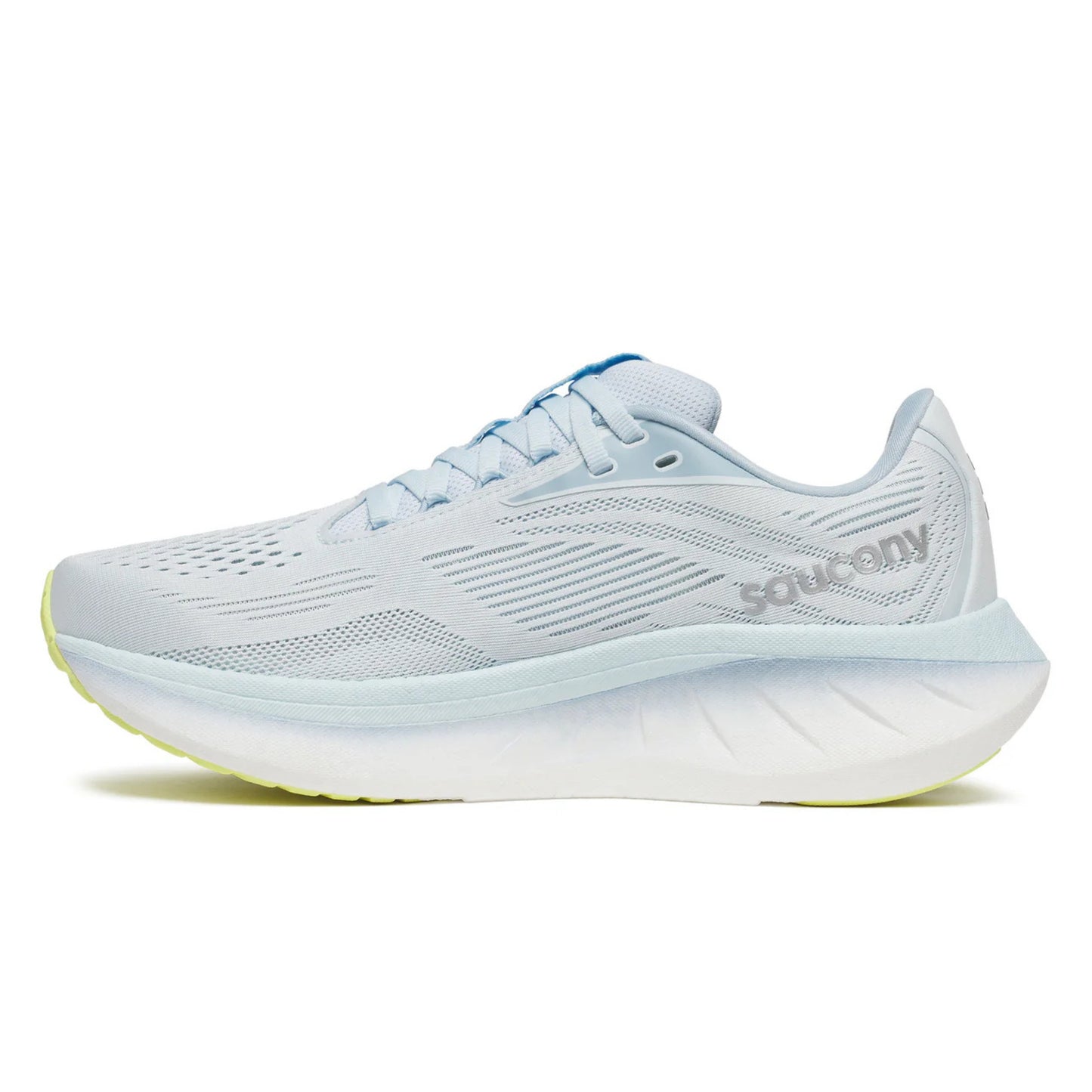 Light blue with ice blue accents and light yellow sole with Saucony wording running shoe