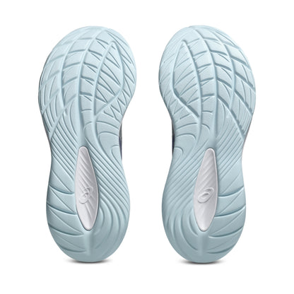 Light blue running shoe sole with brand logo on a white background