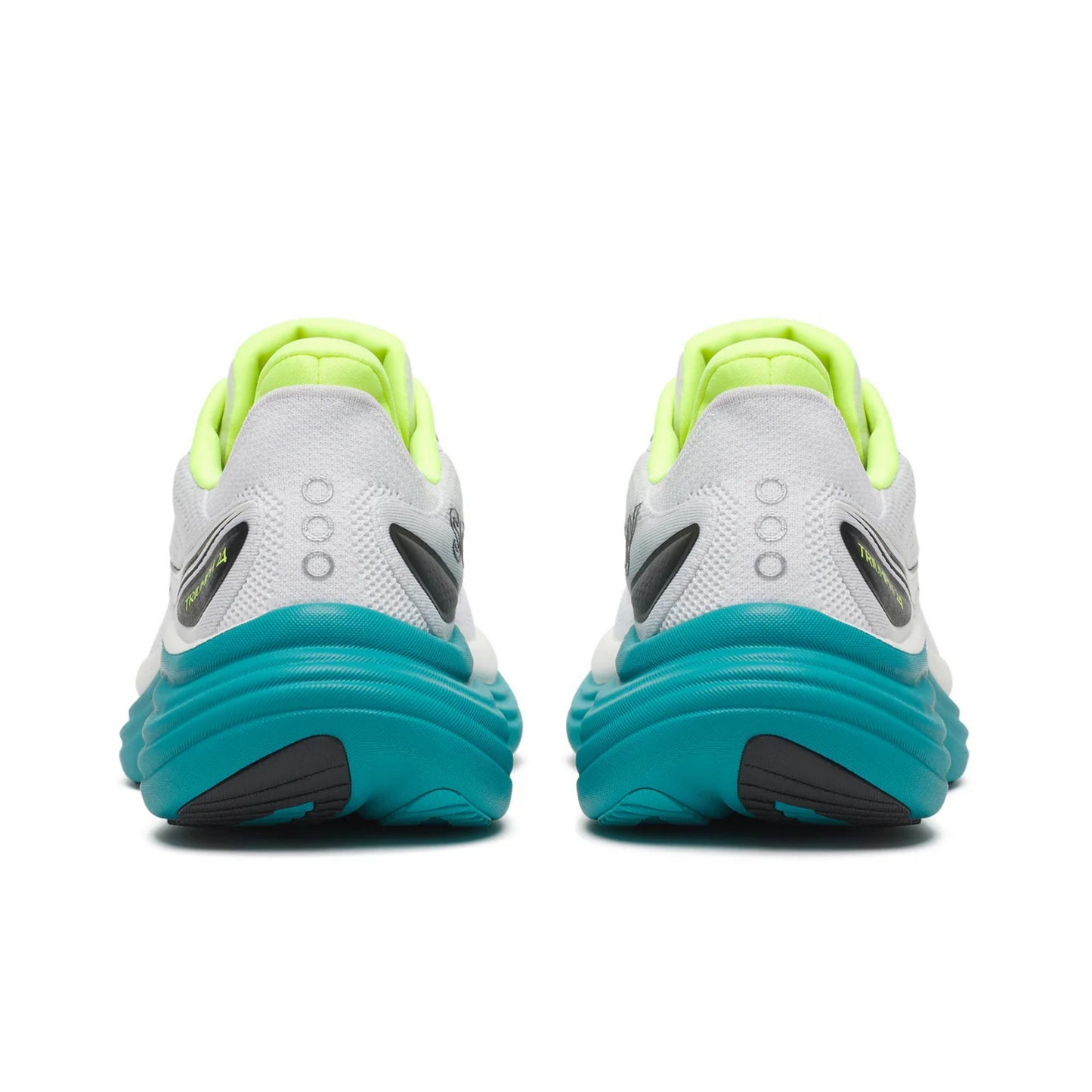 White Saucony running shoes with teal soles and green accents on a white background
