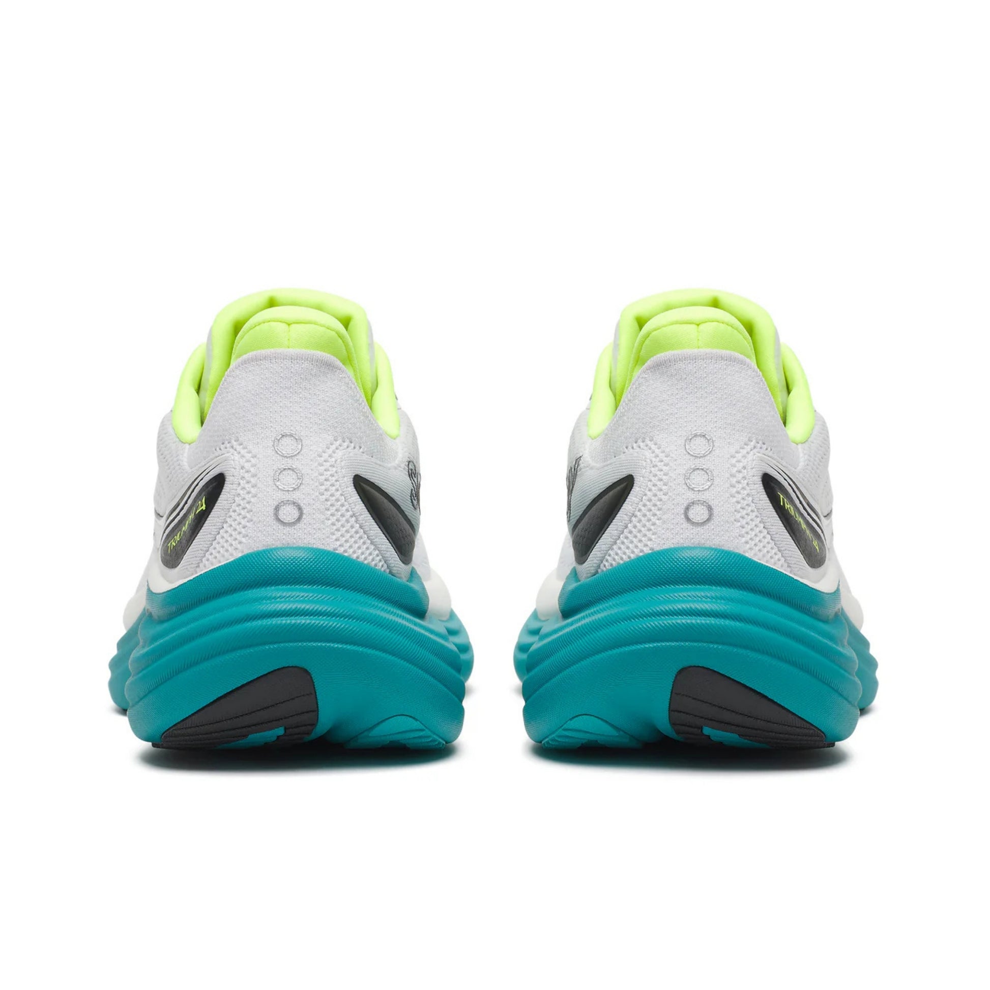 White Saucony running shoes with teal soles and green accents on a white background