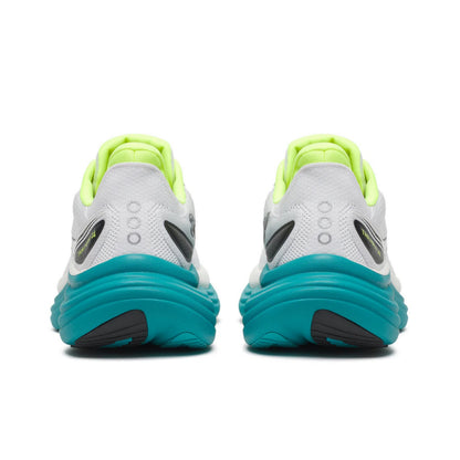White Saucony running shoes with teal soles and green accents on a white background