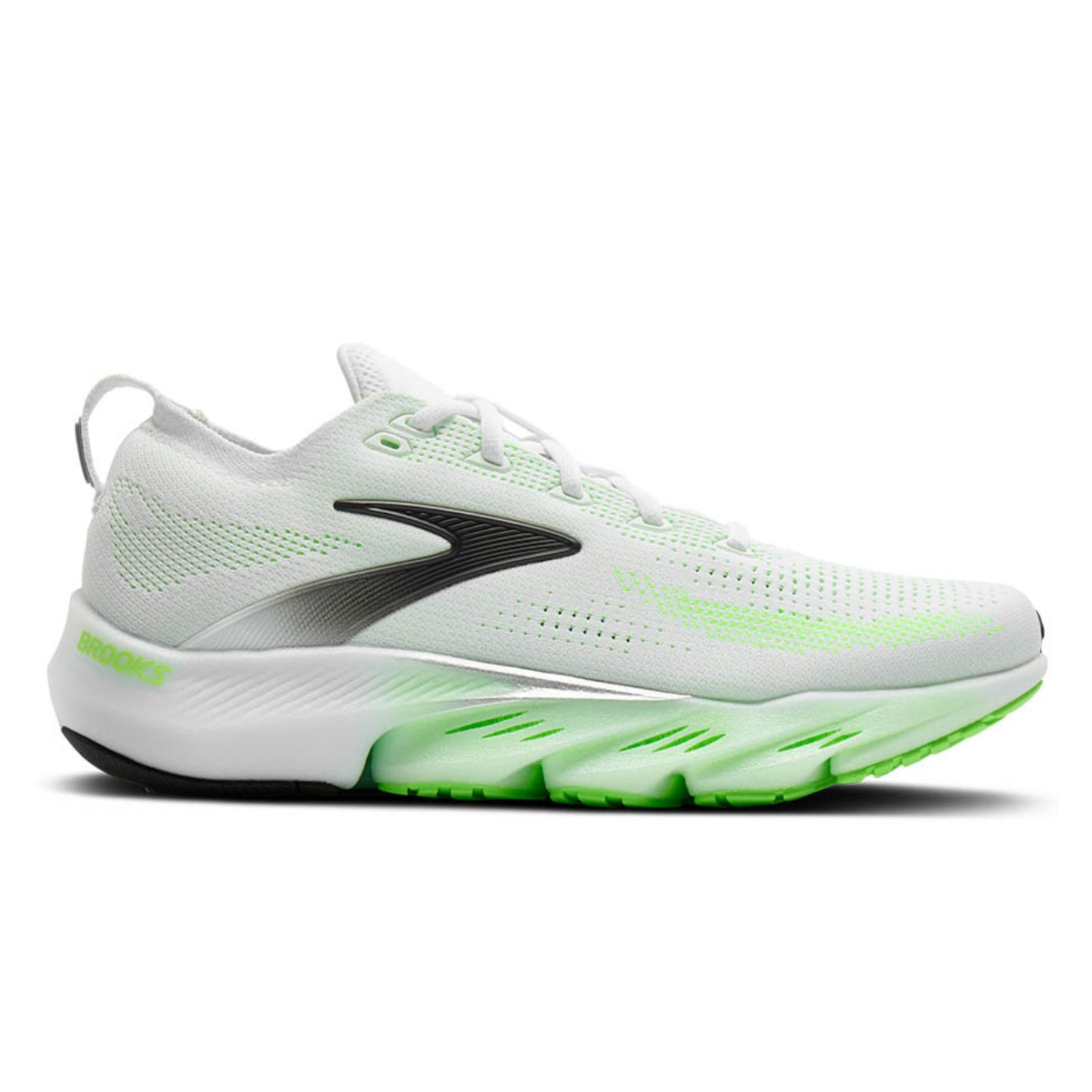 White Brooks running shoe with green accents on a white background