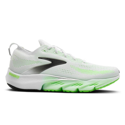 White Brooks running shoe with green accents on a white background