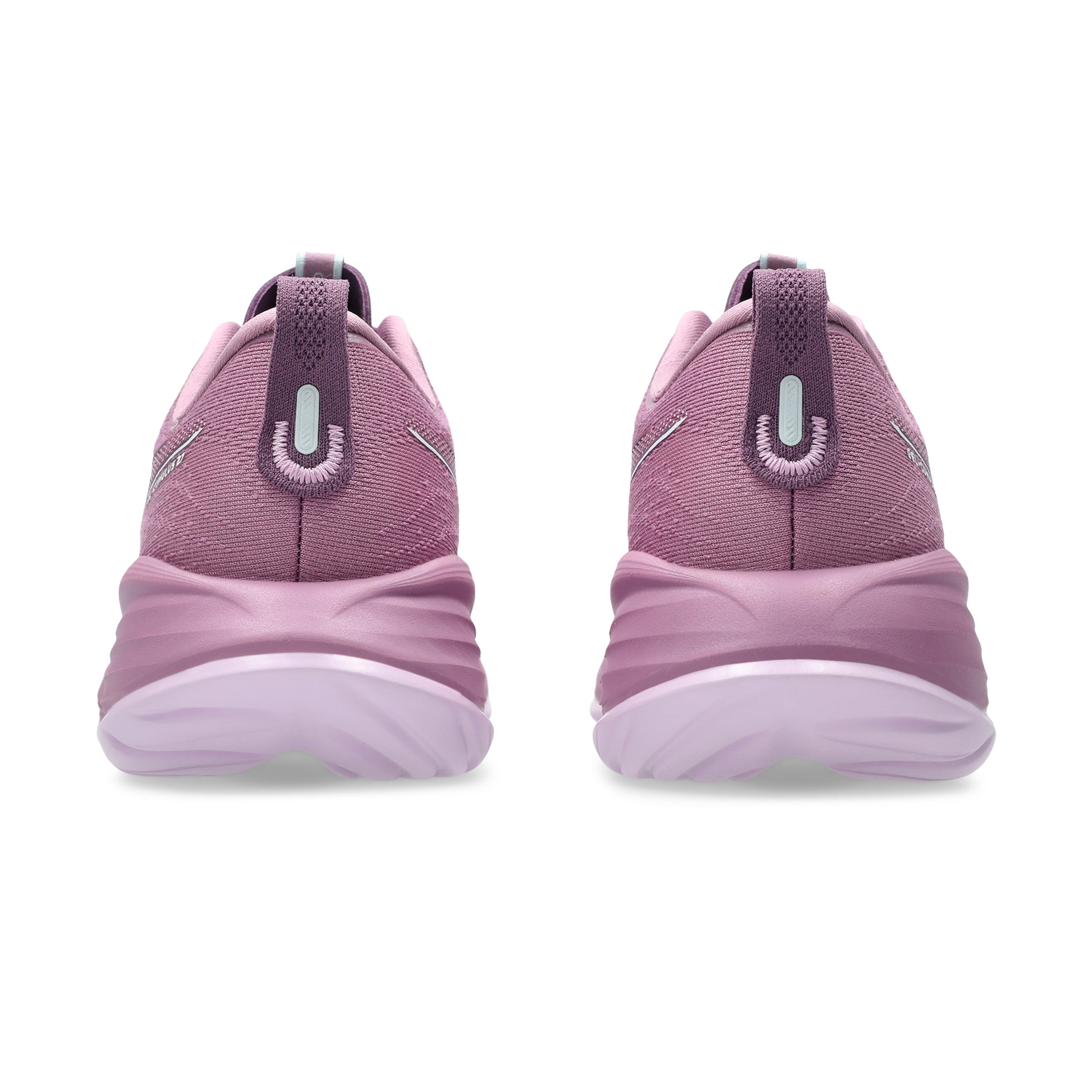 Pair of pink Asics running shoes on a white background