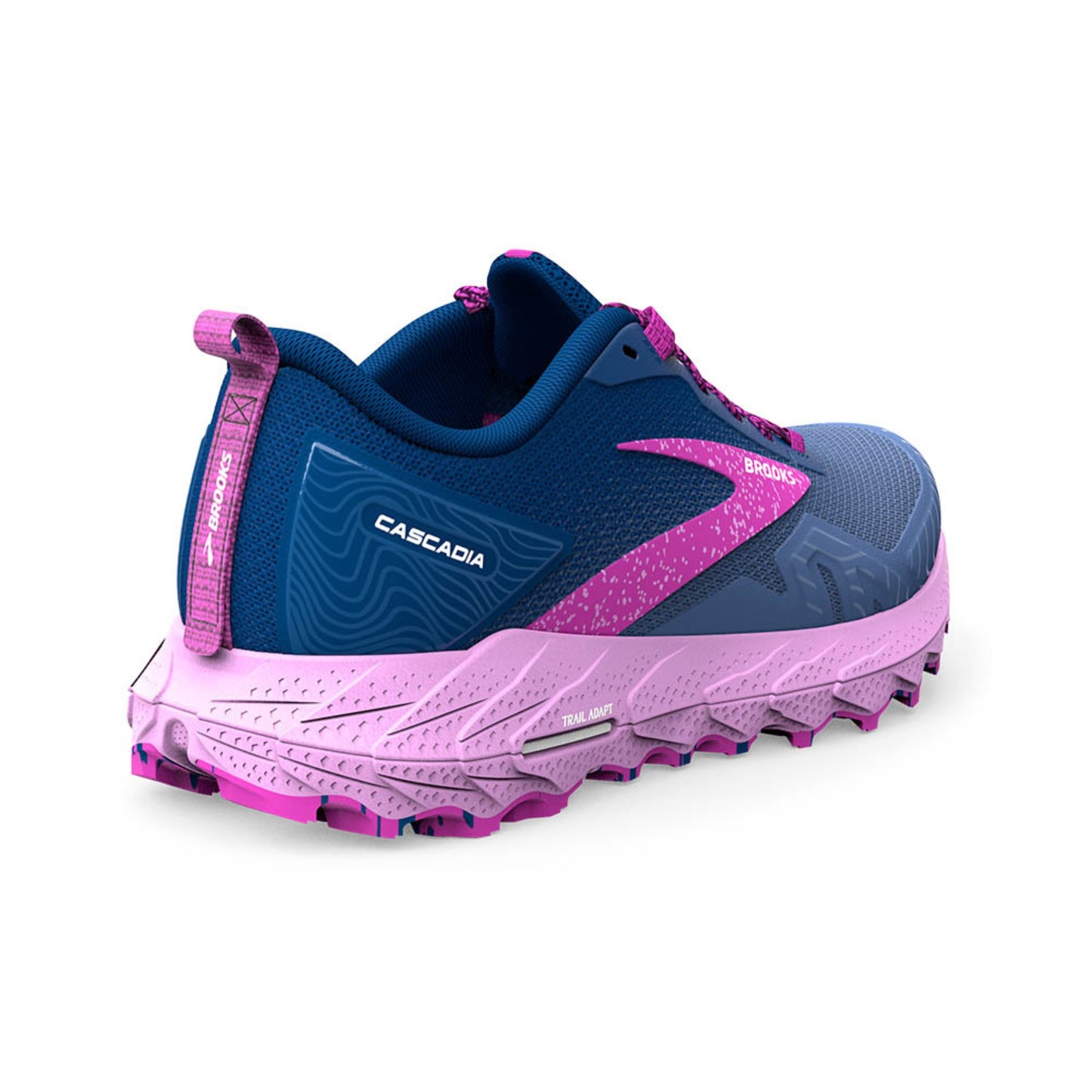 Blue and pink running shoe with 'Cascadia' branding on a white background
