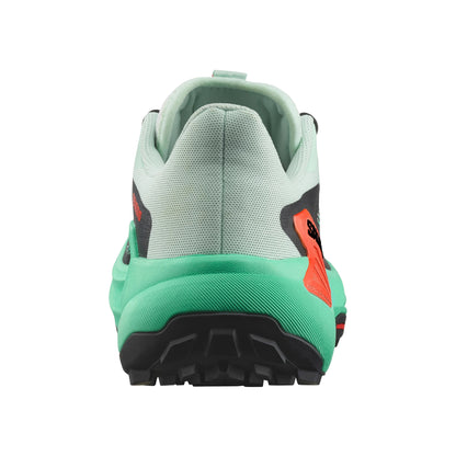 Green and gray running shoe with orange accents on a white background