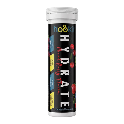 Hookit Hydrate electrolyte effervescent tablets with fruit illustration on a white background