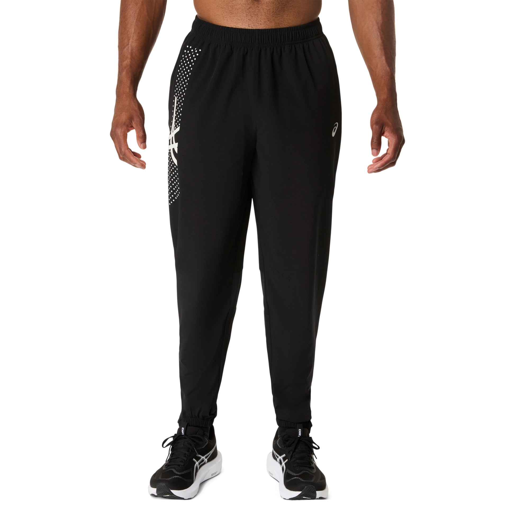 Black athletic pants with white logo on a white background
