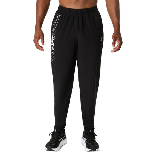 Black athletic pants with white logo on a white background