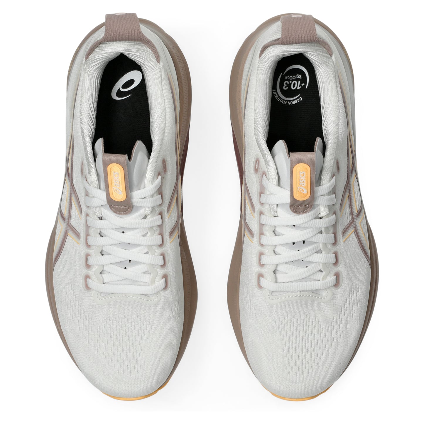 White running shoes with brown accents on a white background