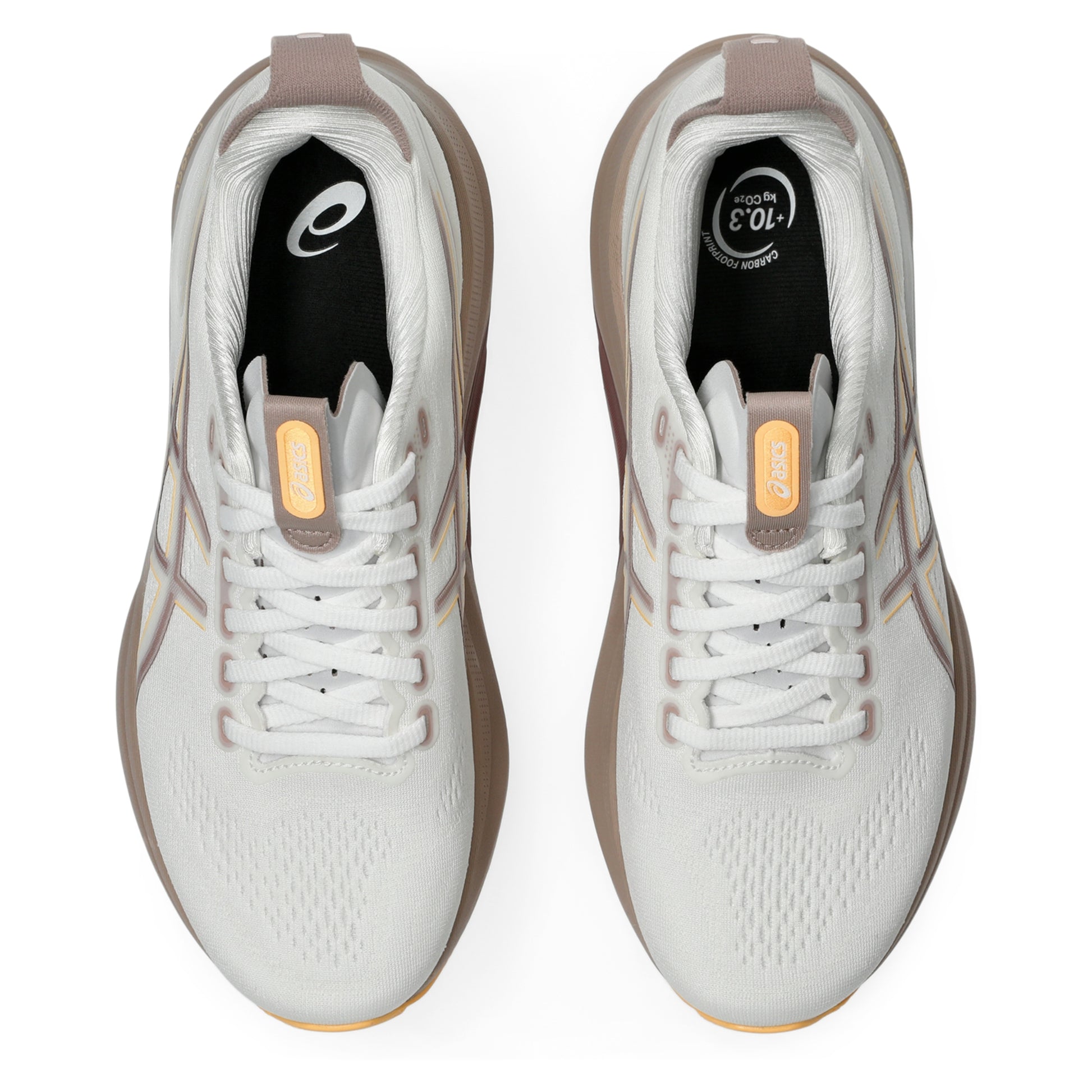 White running shoes with brown accents on a white background