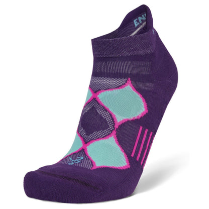 Purple athletic sock with geometric pattern on a white background