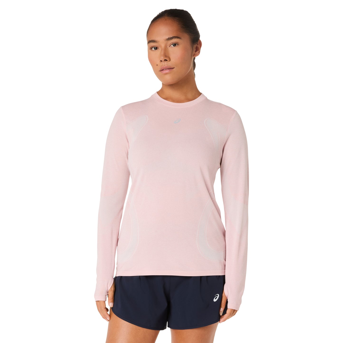 Woman wearing a light pink shirt on a white background
