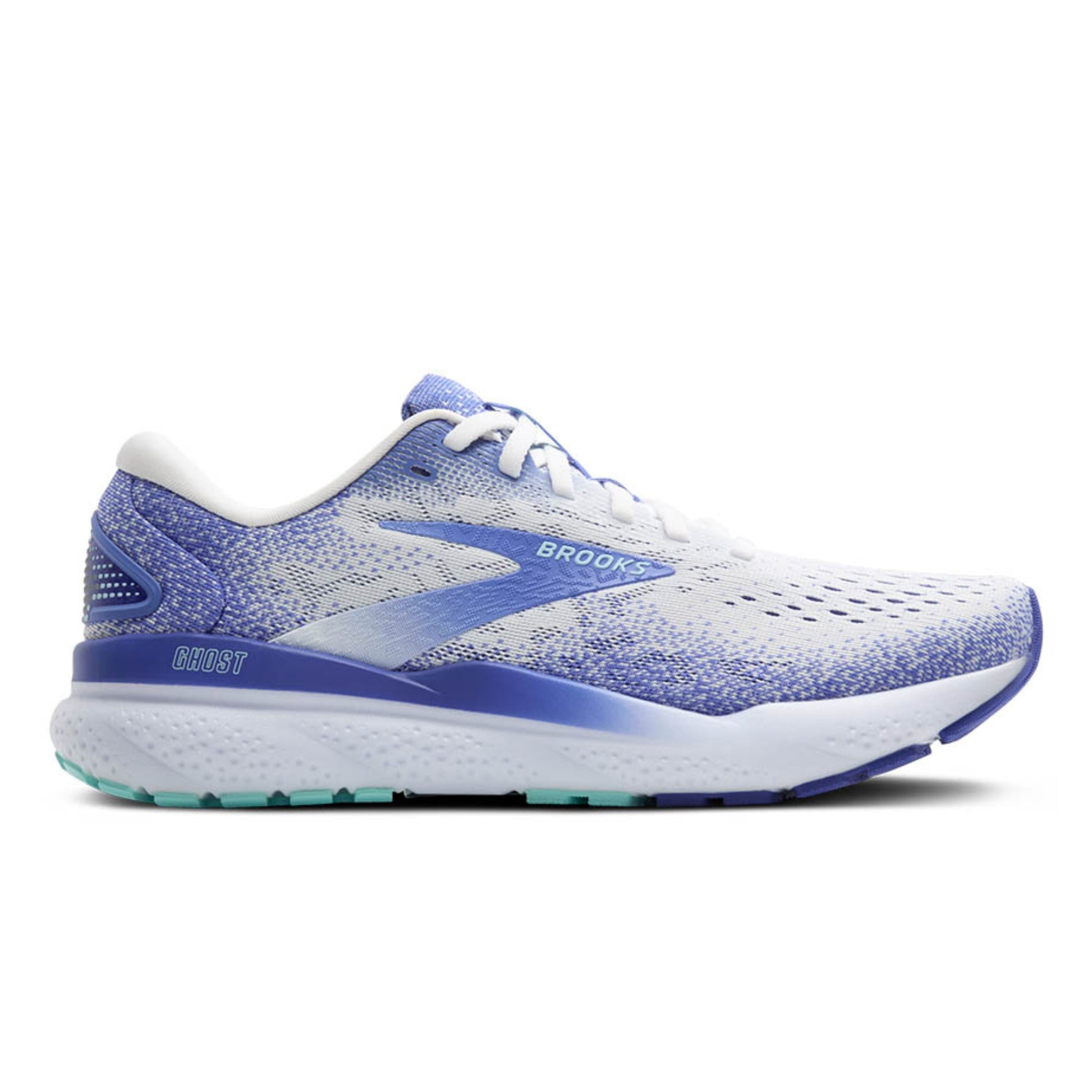 Blue and white running shoe with 'Brooks' branding on a white background