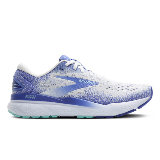 Blue and white running shoe with 'Brooks' branding on a white background