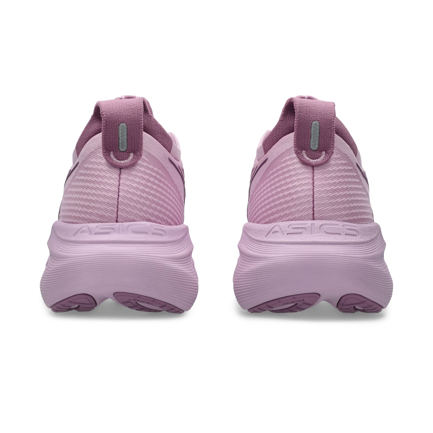 Pair of ube running shoes with 'ASICS' branding on a white background