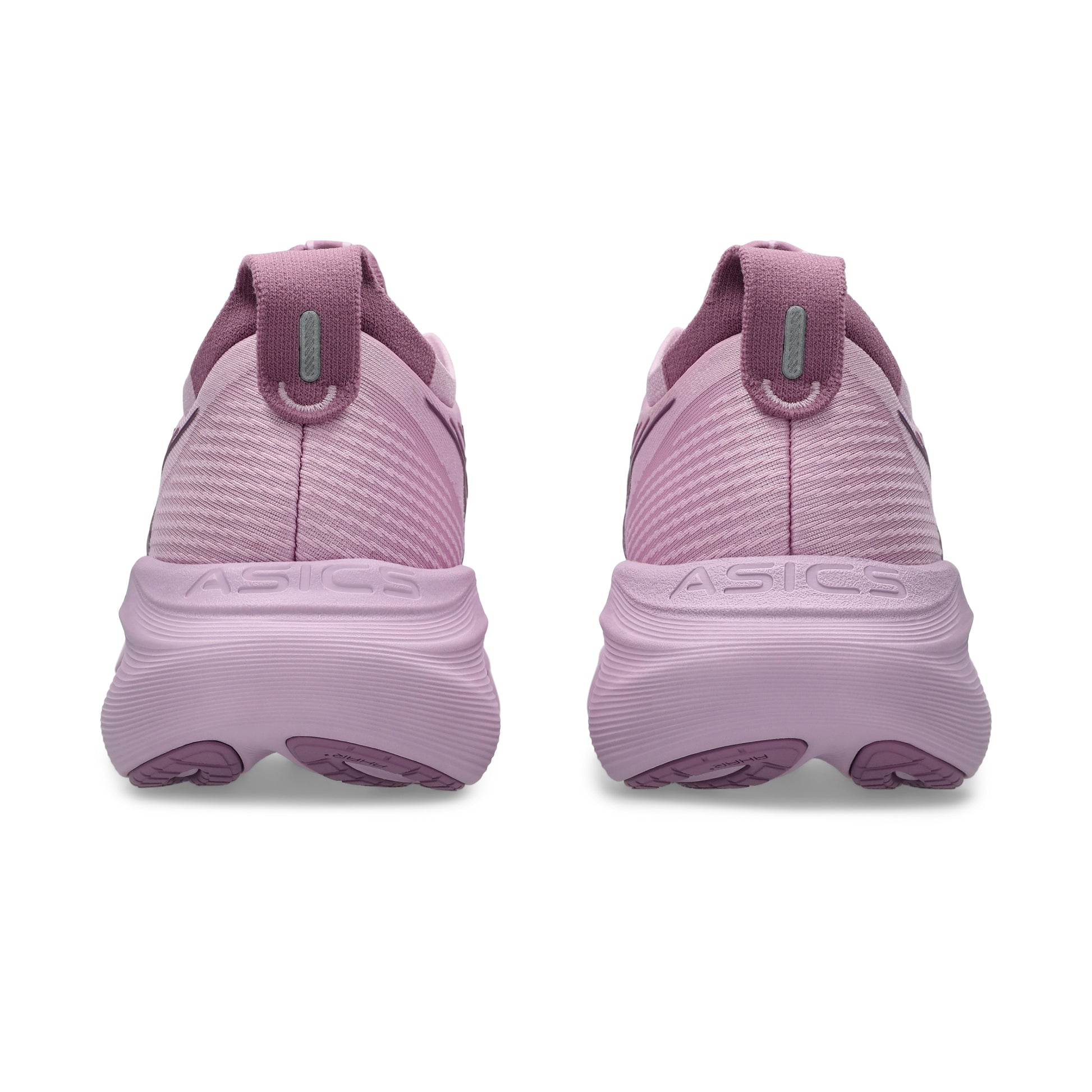 Pair of ube running shoes with 'ASICS' branding on a white background