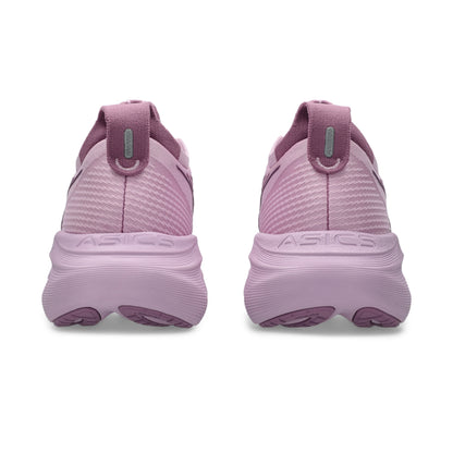 Pair of ube running shoes with 'ASICS' branding on a white background