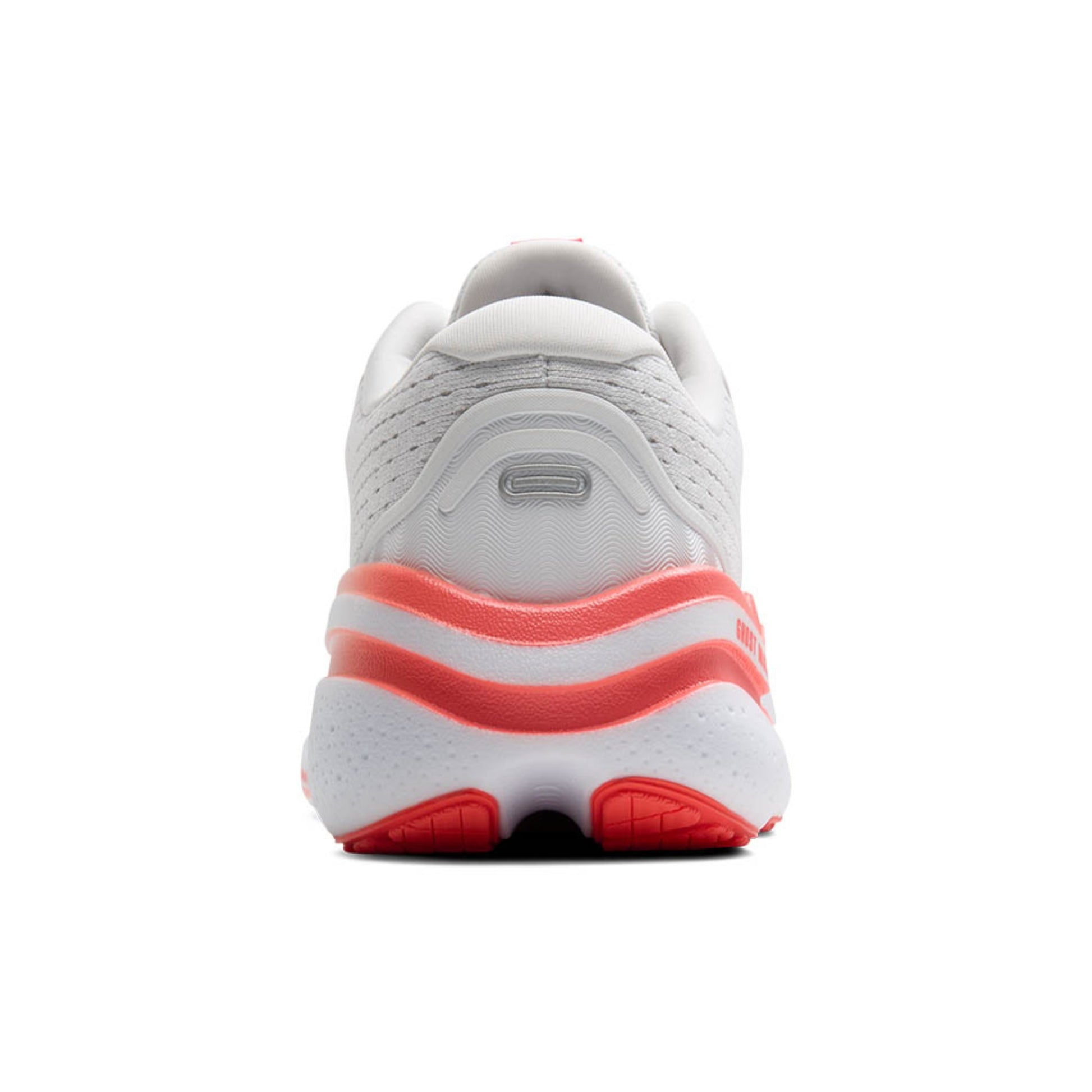 White running shoe with pink sole on a white background