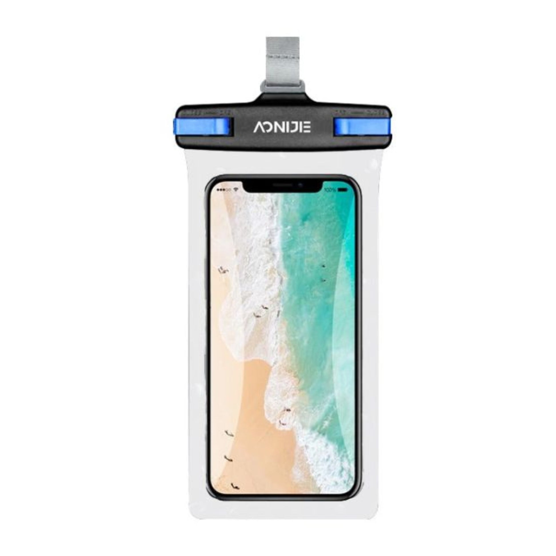 White phone pouch with screen protector displaying a beach scene, brand 'AONIJIE' visible.