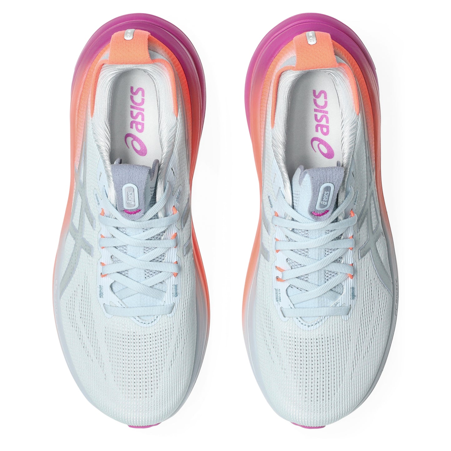 Pair of White, coral and pink Asics running shoe on a white background