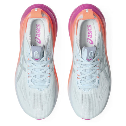 Pair of White, coral and pink Asics running shoe on a white background