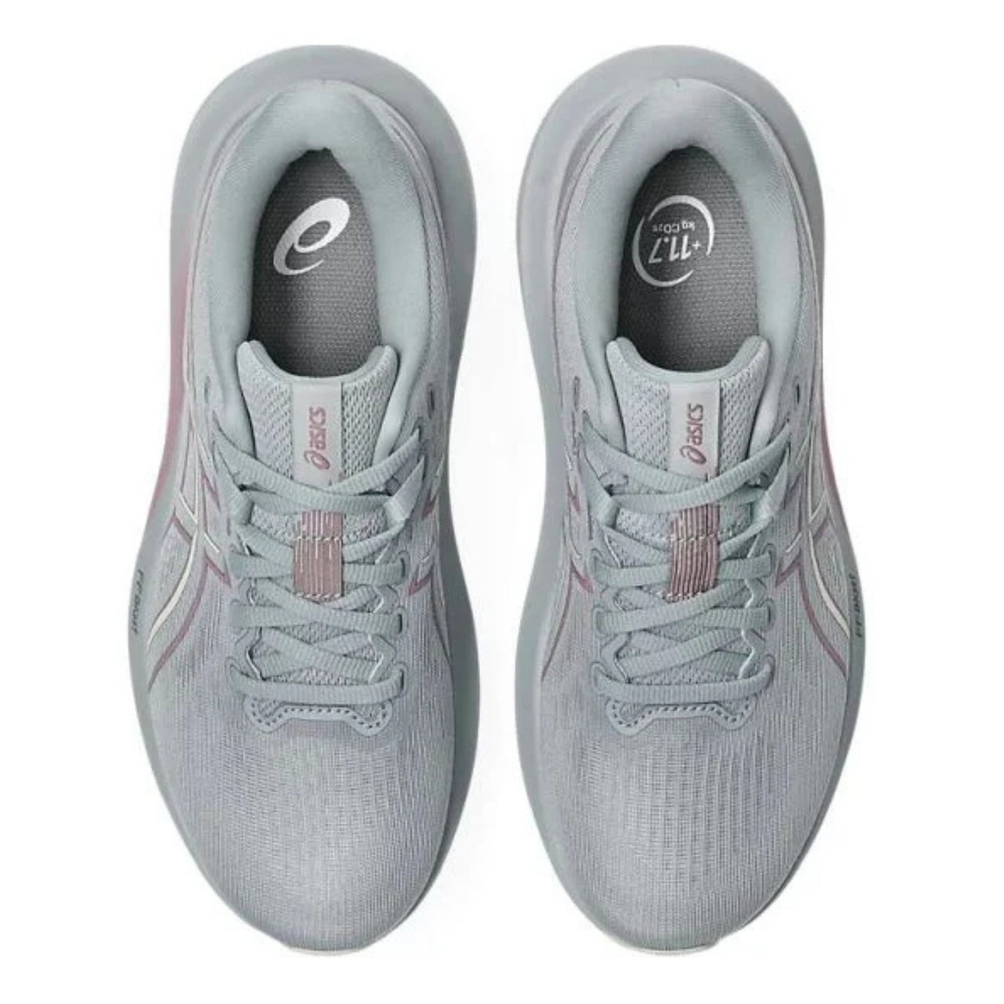 Pair of light gray running shoes with Asics logo on a white background