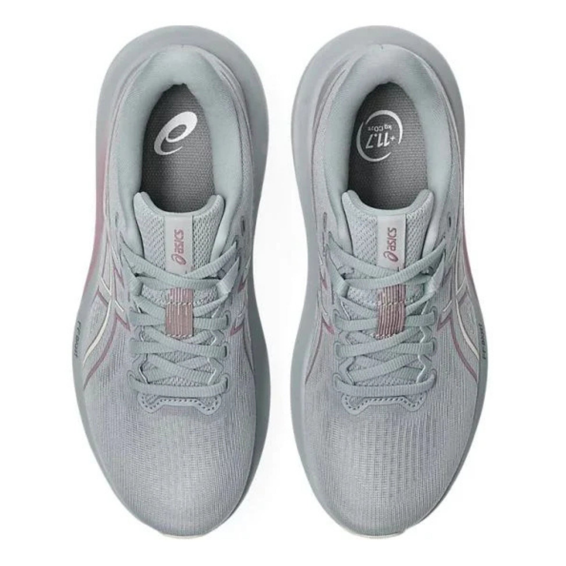 Pair of light gray running shoes with Asics logo on a white background