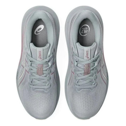Pair of light gray running shoes with Asics logo on a white background