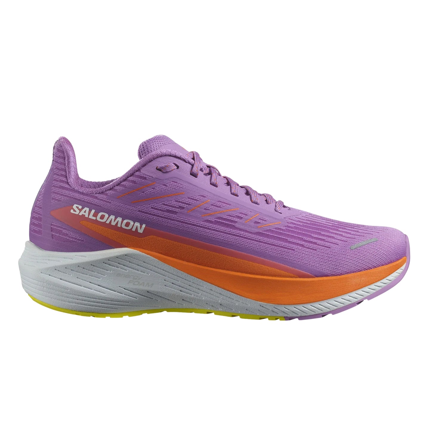Purple Salomon running shoe with orange sole on a white background