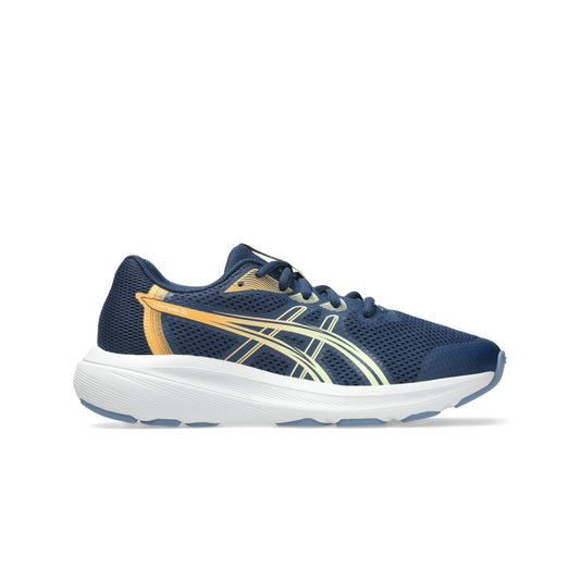 A single ASICS running shoe in navy blue mesh with a gold and white logo, set against a plain white background.