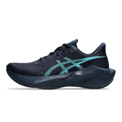 A single ASICS running shoe in dark navy blue with a bright turquoise logo and accents, shown from the side against a plain white background.