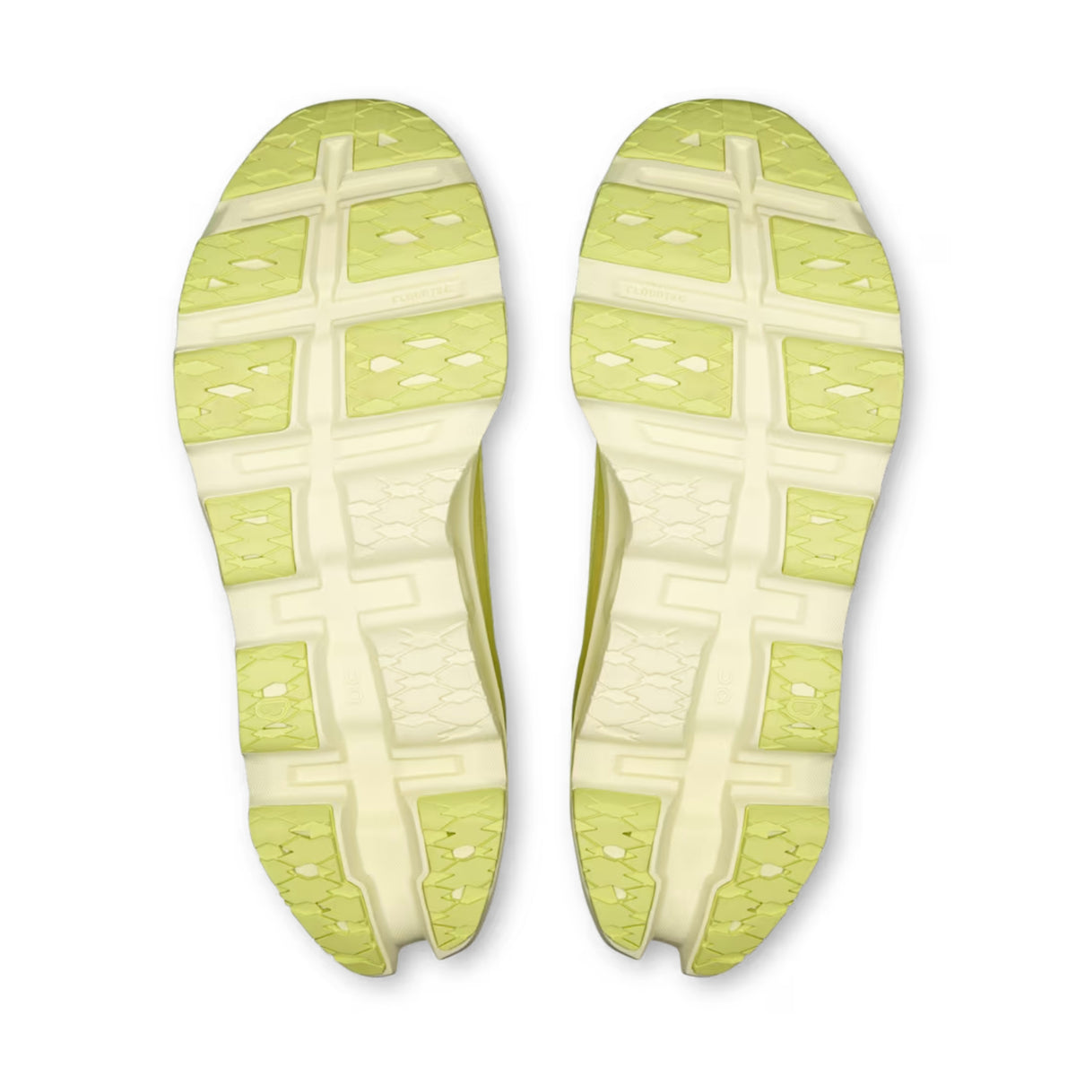 A pair of running shoe soles viewed from above, featuring a dual-tone design with light yellow-green and off-white sections in a grid pattern.