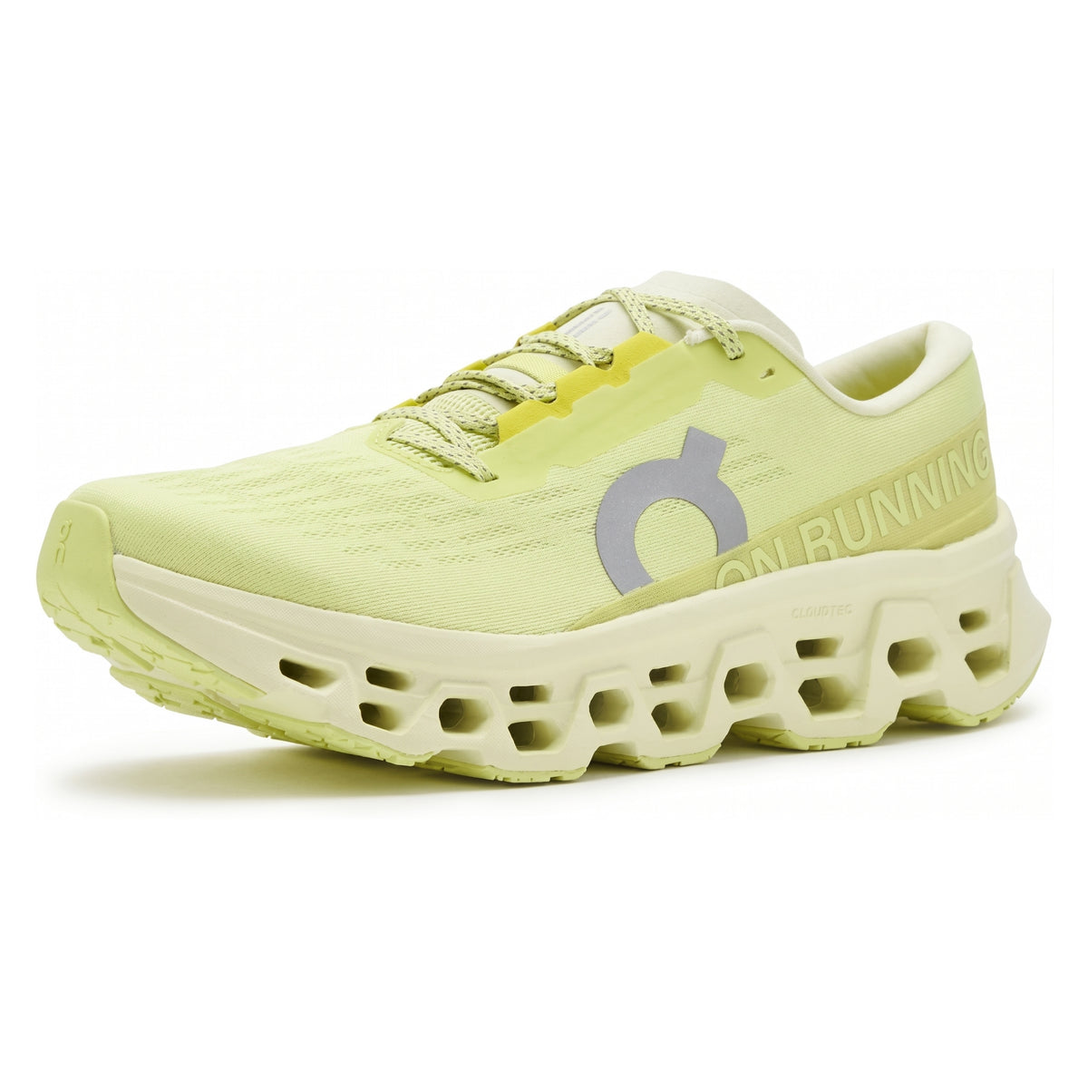 A light yellow-green On running shoe with a chunky, hollowed-out cream sole and a gray logo on the side, shown against a plain white background.
