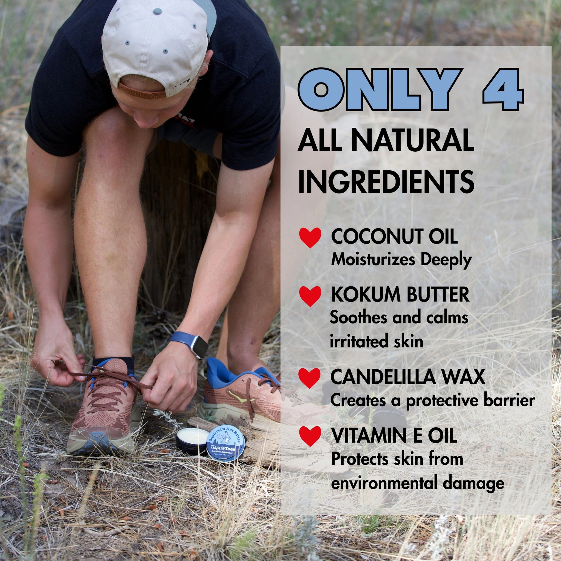 Person applying a natural skin care product outdoors with text about ingredients.
