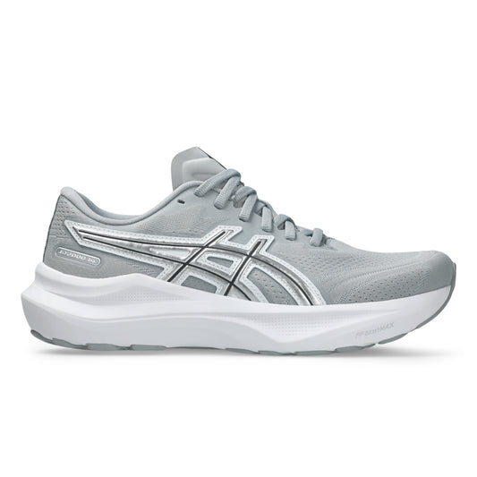 Gray running shoe with white sole on a white background