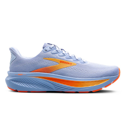 Light blue running shoe with orange accents on a white background