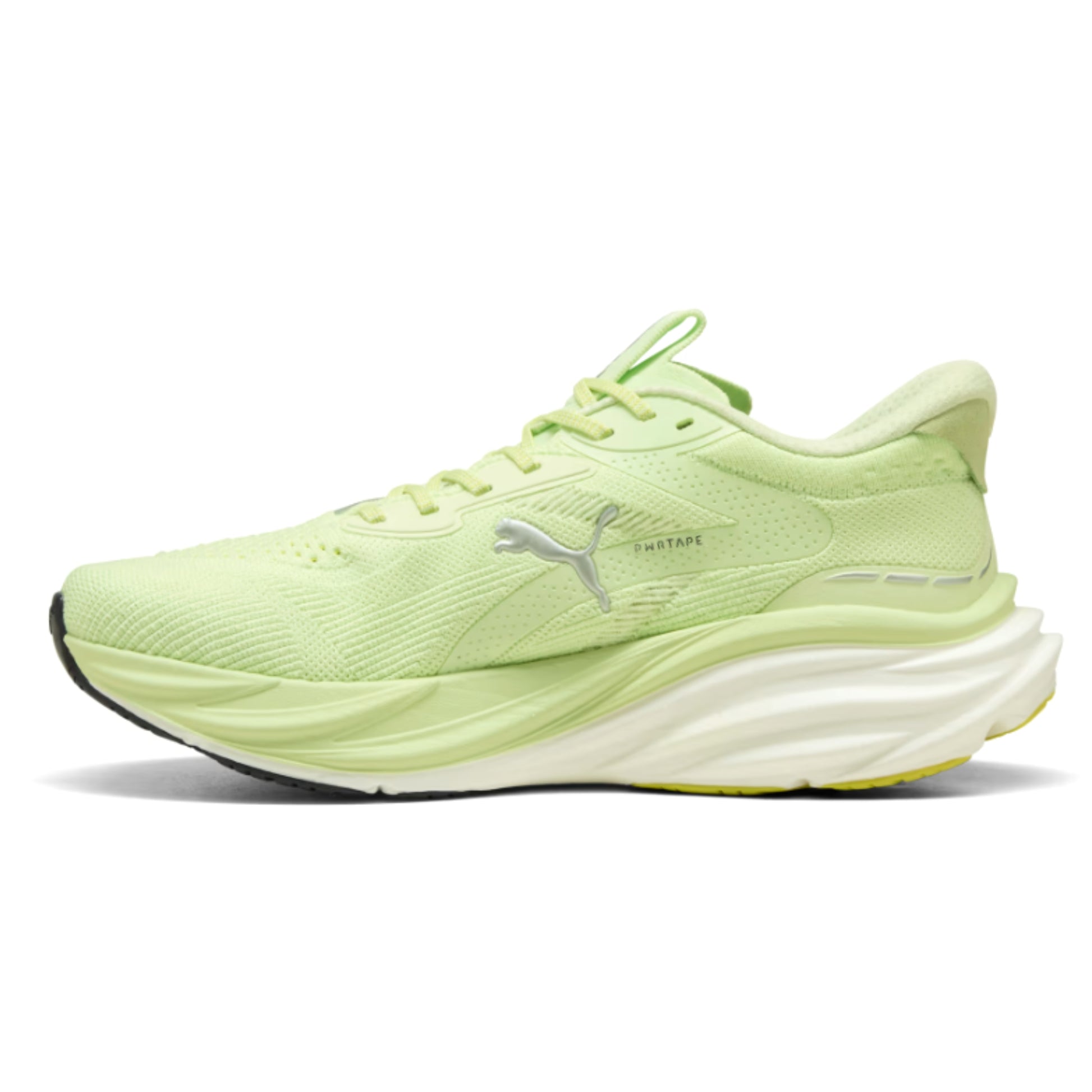 Light green Puma running shoe with white sole on a white background