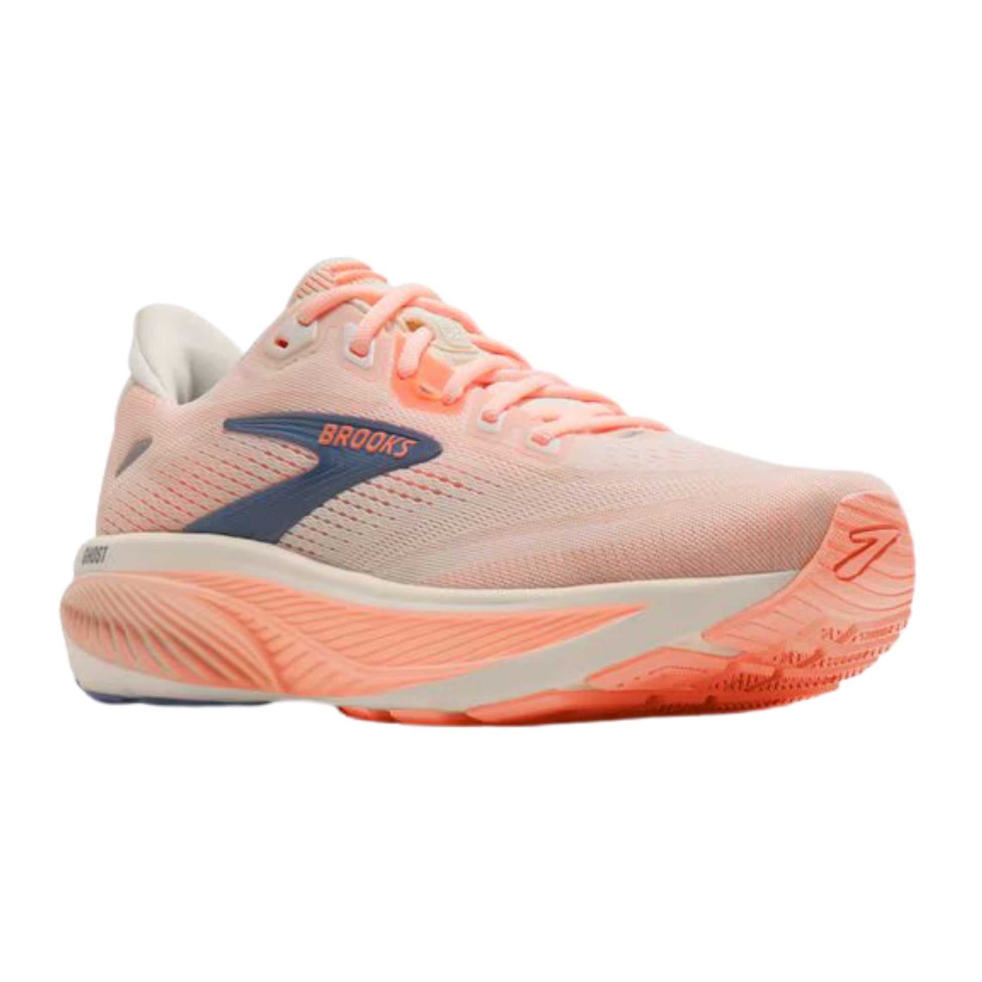 Brooks Ghost running shoe in a light peach-pink and coral colorway with a gray blue Brooks logo on the side, set against a plain white background.