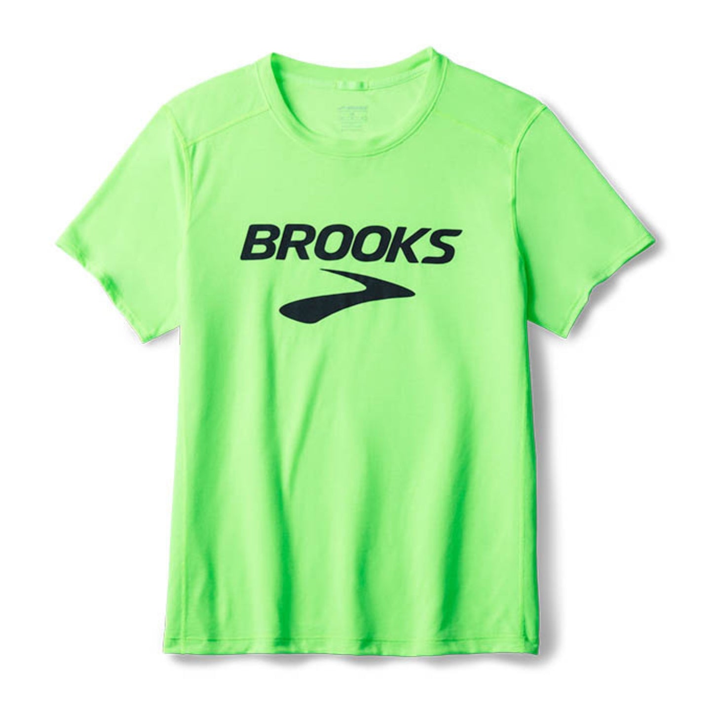 Neon green t-shirt with 'Brooks' logo on a white background