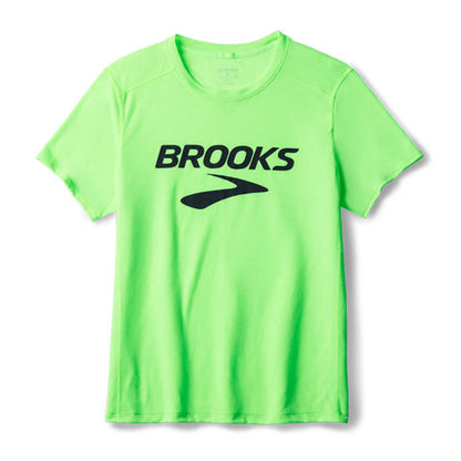 Neon green t-shirt with 'Brooks' logo on a white background