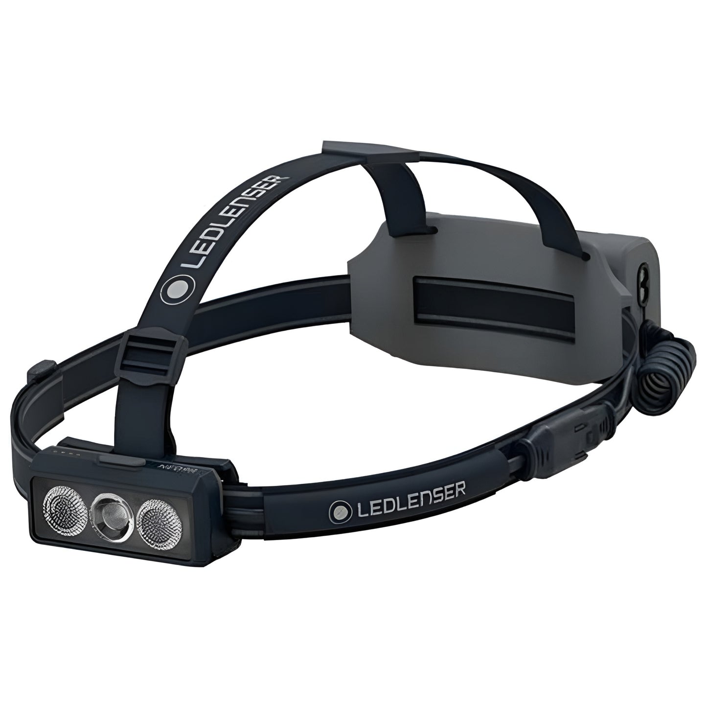 Black LEDLENSER headlamp on a white background