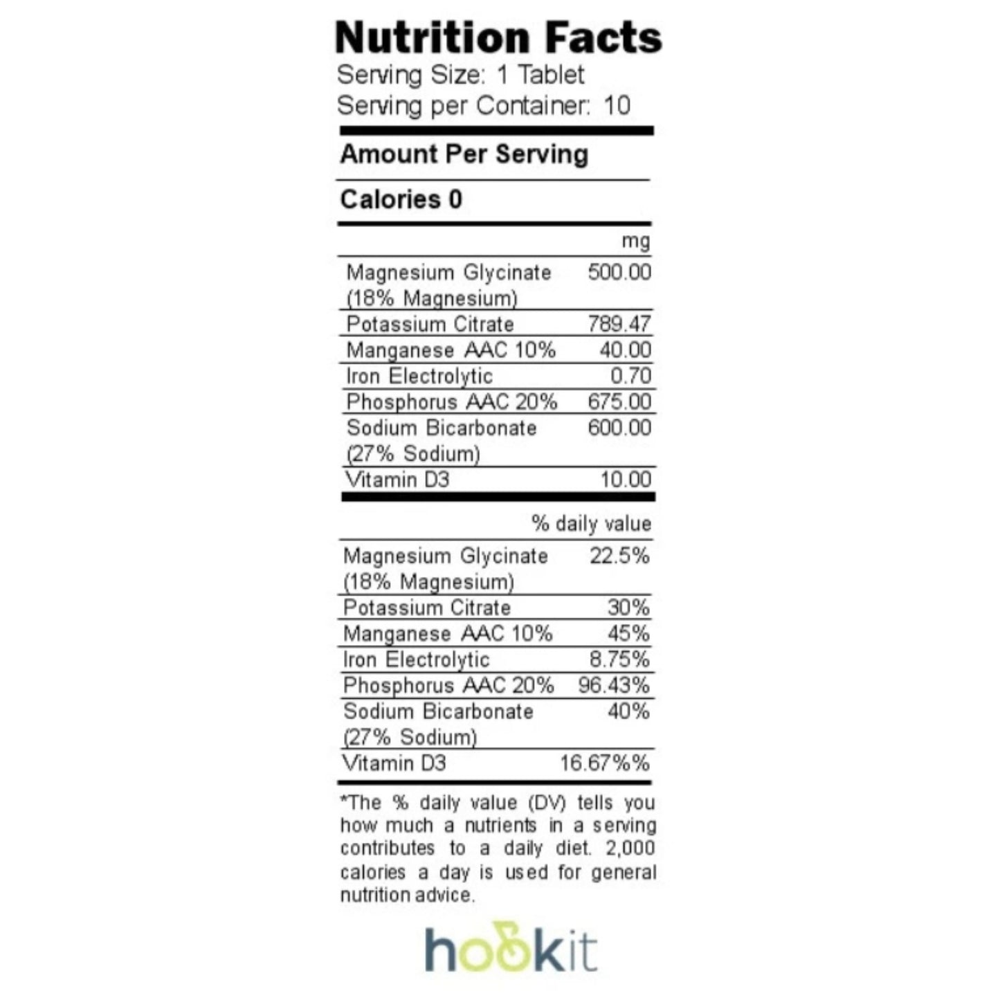 Nutrition facts label for a supplement tablet with 'hookit' branding.