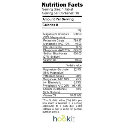 Nutrition facts label for a supplement tablet with 'hookit' branding.