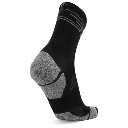 A single black athletic crew sock with textured gray heel, toe, and arch support zones, shown on a white background.