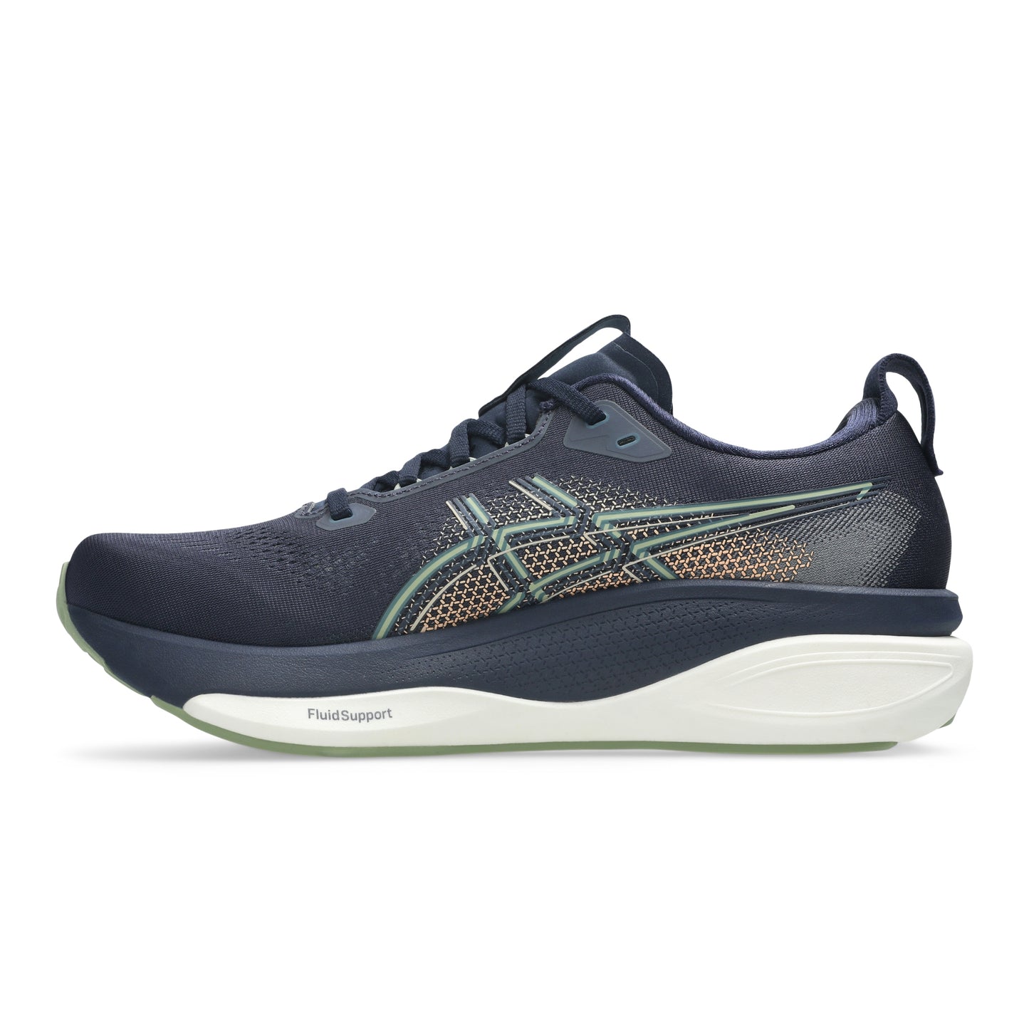 Navy blue Asics running shoe with green and gold accents on a white background