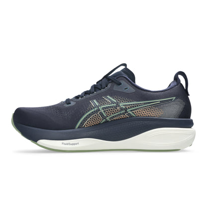 Navy blue Asics running shoe with green and gold accents on a white background