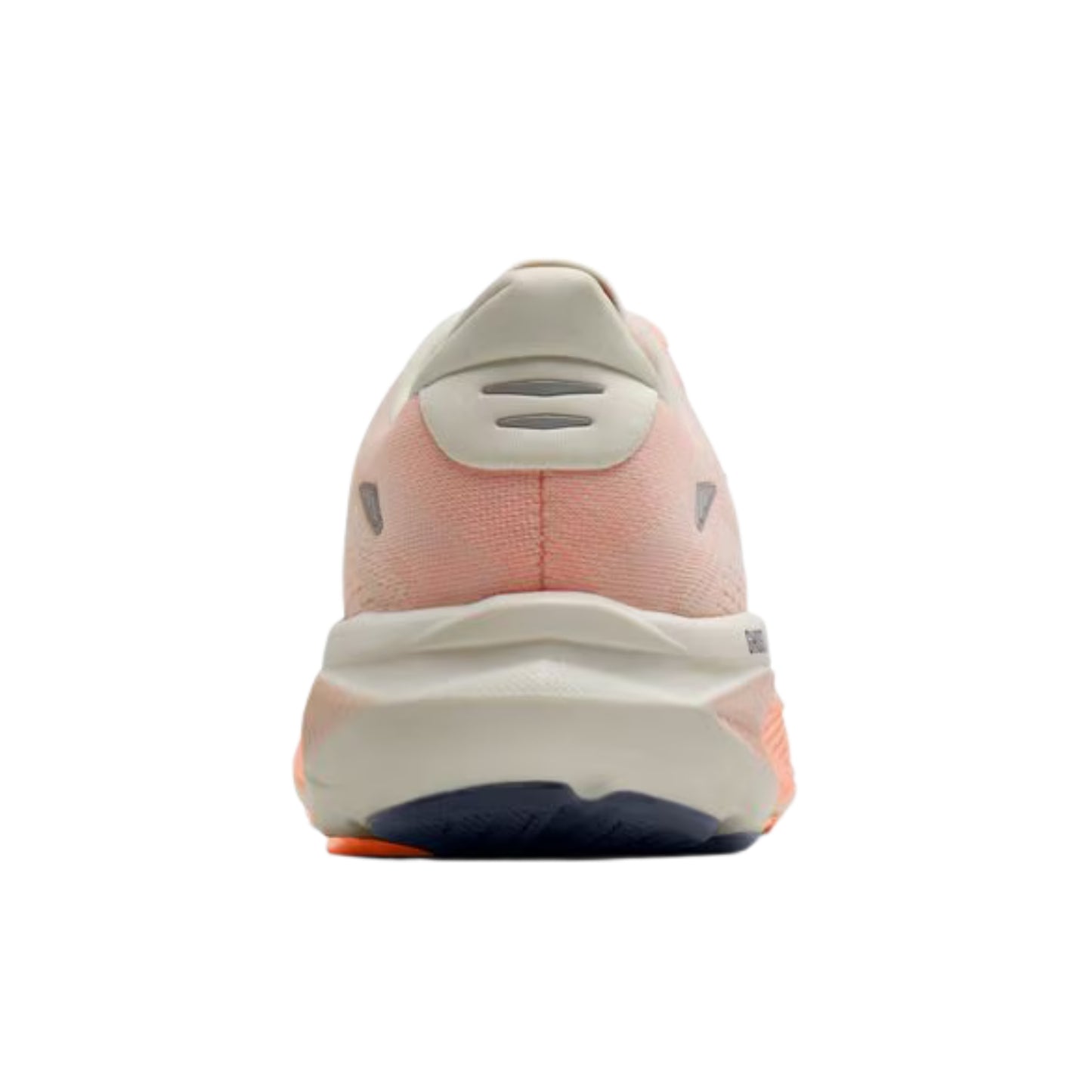 A rear view of a Brooks running shoe on a solid white background, featuring a peach-pink upper, a thick cream midsole, and a dark navy outsole.