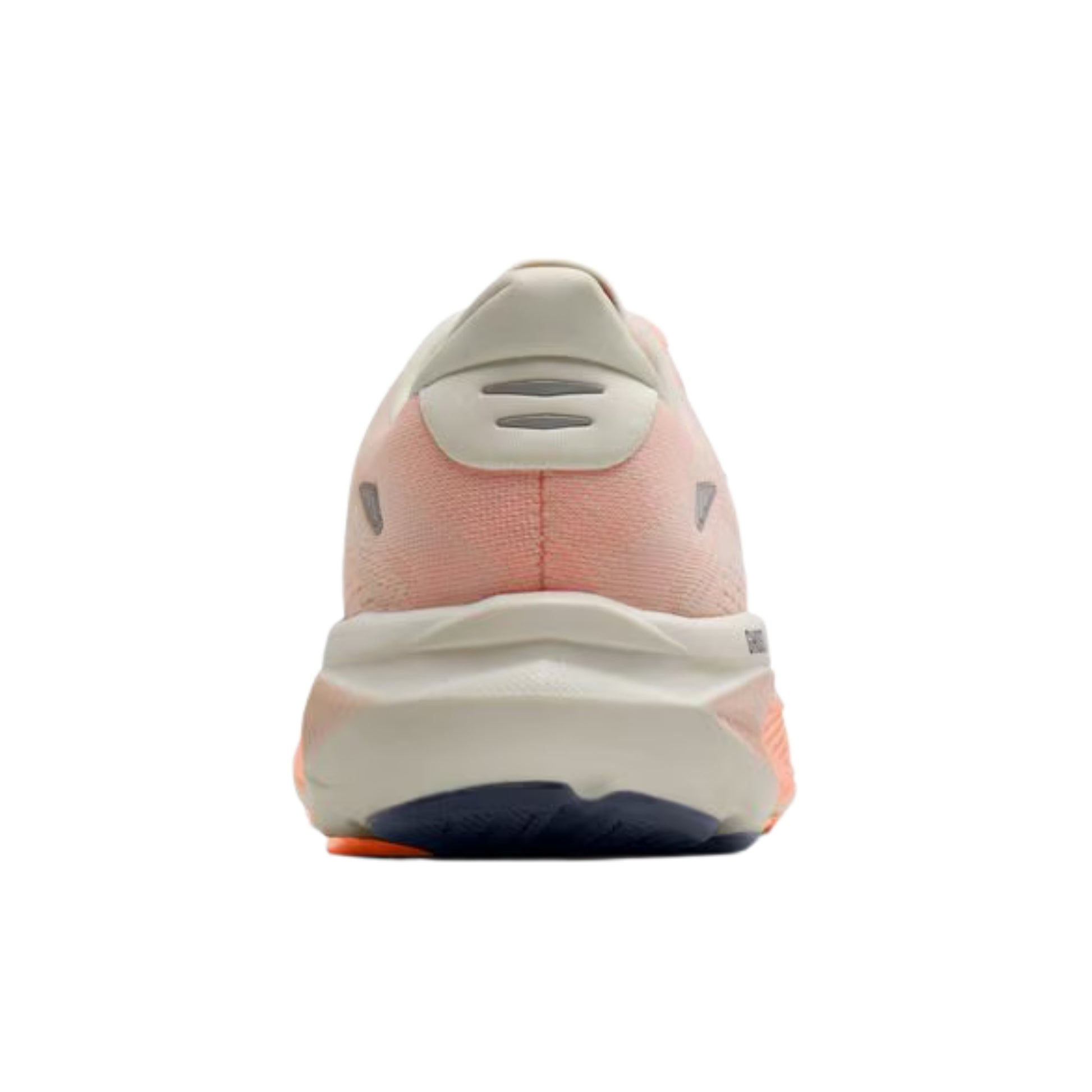 A rear view of a Brooks running shoe on a solid white background, featuring a peach-pink upper, a thick cream midsole, and a dark navy outsole.