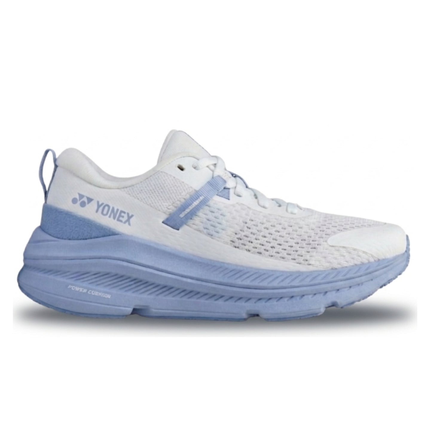 White and blue running shoe with Yonex logo on a white background